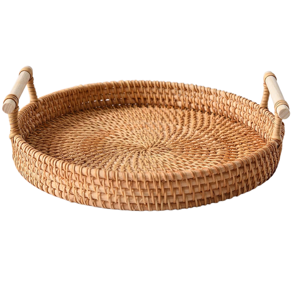Round Rattan Woven Serving Tray With Handles - 28cm