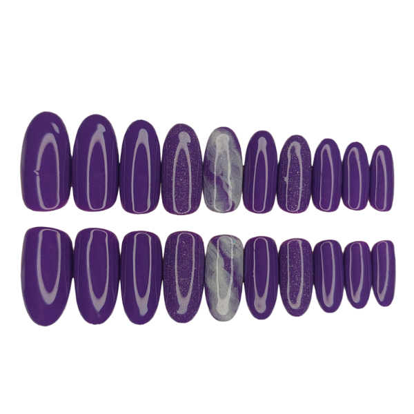 Luxury Press On Nails - Long Oval Purple Glitter &amp; Marble Set - 20 Piece