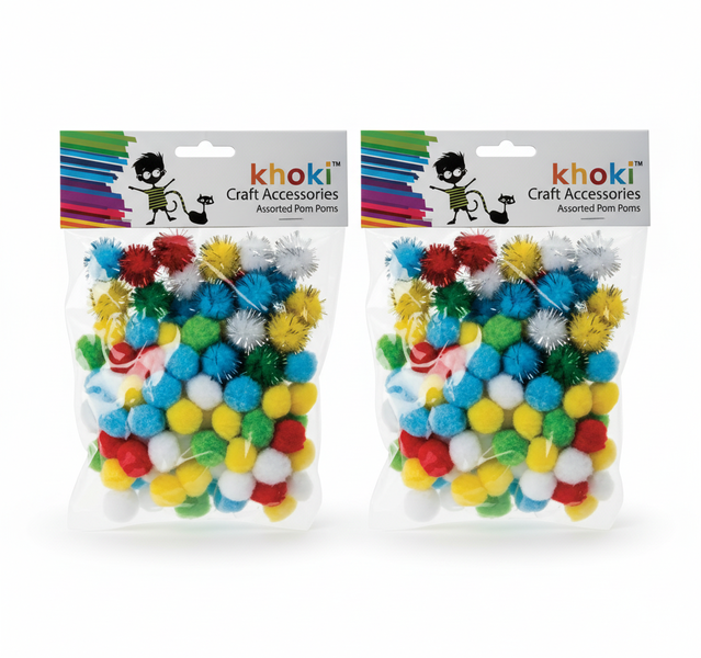 Khoki Glitter Pom Poms - Colorful 3 cm Decorative Balls for Crafts - 2 Pack
