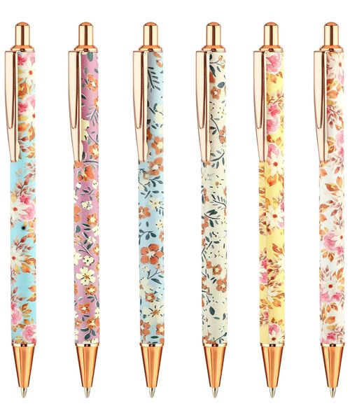 6Pcs Floral Art Ballpoint Pens 1.0mm Fashionable Retractable Black Pen