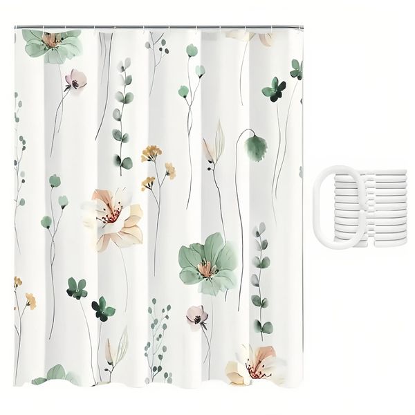 Watercolor Floral Shower Curtain, Sage Green Beige Flower Shower Curtain