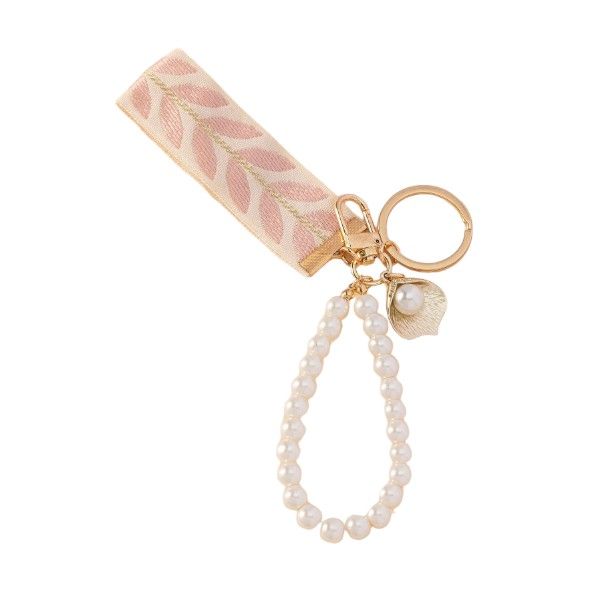 High Quality Leaf Pattern Ribbon With Pearl Charm Key Chain - Baby Pink