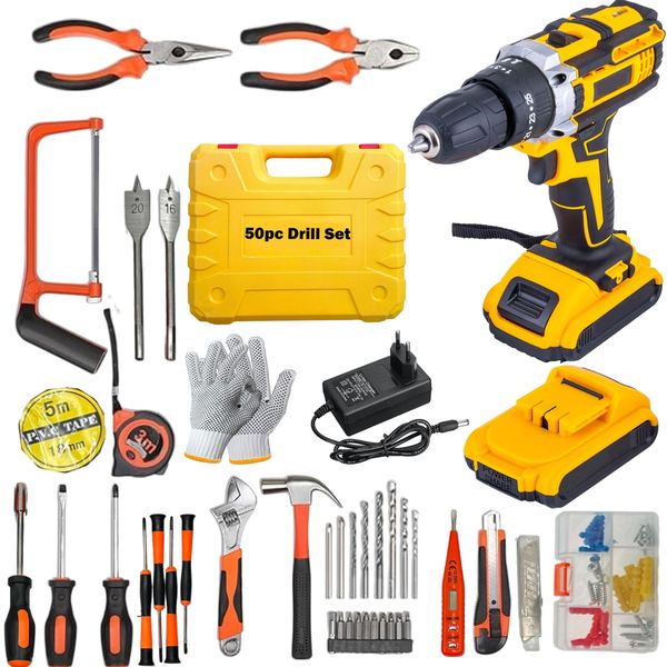 Wireless 50 Pc Drill &amp; Tool Set With 2 x Li-On Battery Pack, Case &amp; Gloves