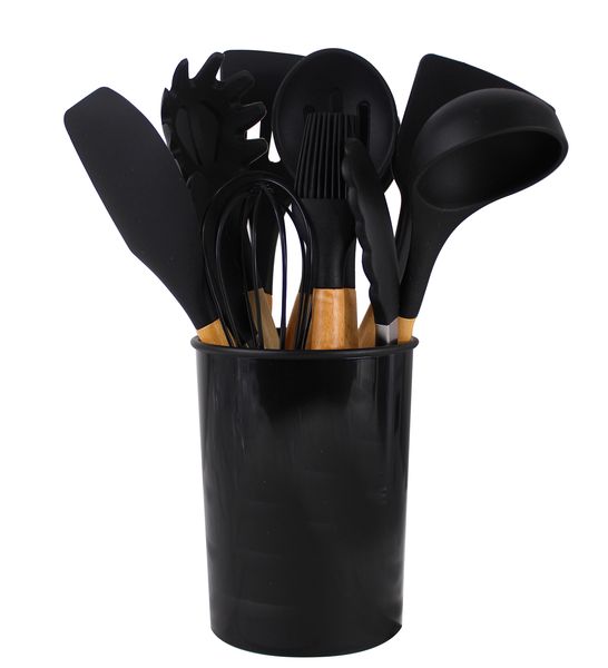 12 Pieces Non-Stick Silicon &amp; Wooden Handle Kitchen Utensil Set-White