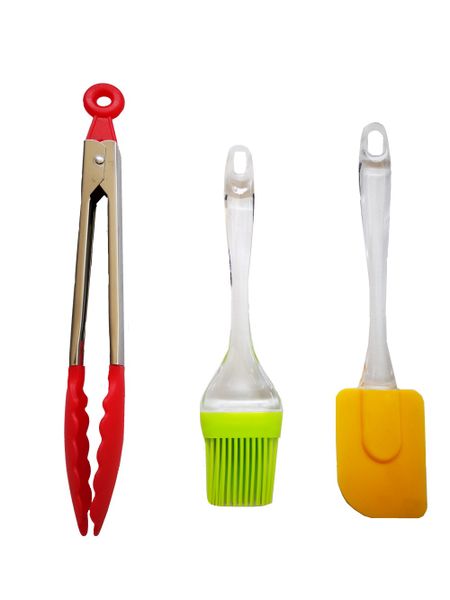 Silicone Spatula, Brush and Tongs - 3 Piece Set - Assorted Colours