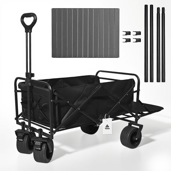 Topika Foldable Camping Wagon Cart Rear Door Set 9.1CM Tank Wheels &amp; Table