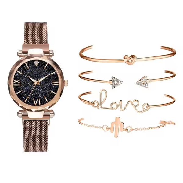 Rose Gold Stainless Steel Starry Sky Roman style watch and bracelet set