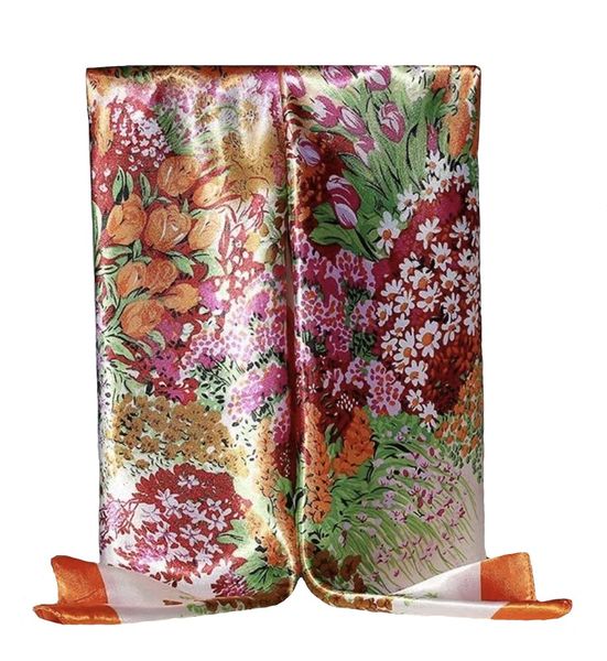 Lady's Satin Silk Scarf with Various Flowers - Purple/Gold