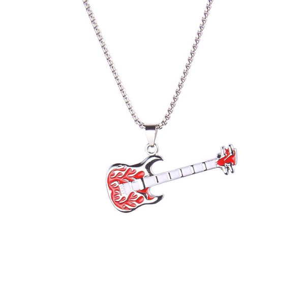 Hip Hop Red Guitar Pendant Necklace