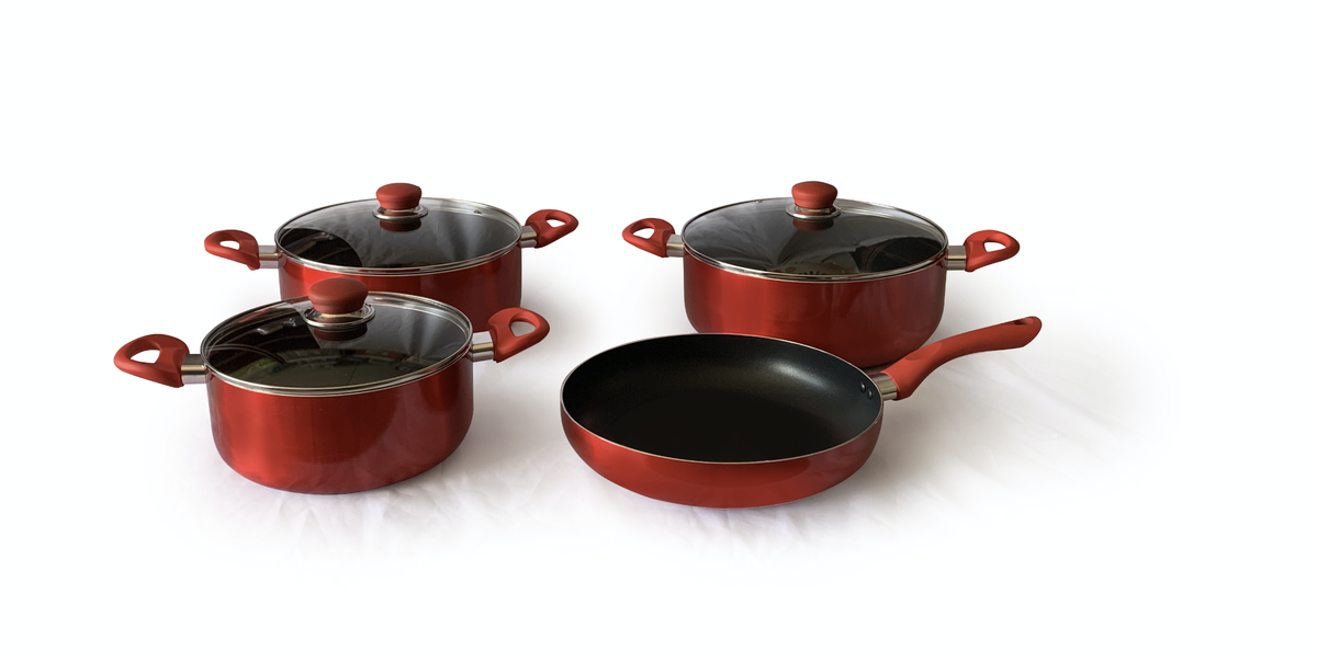Real Chef NonStick Casserole Pots and Fry Pans Red Combo 7 Piece Set