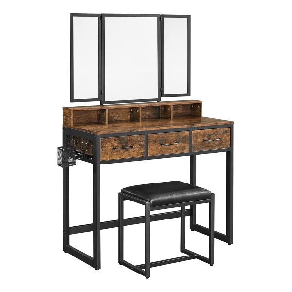 Rustic Brown Vanity Table - Mirror, Drawer &amp; Stool Set