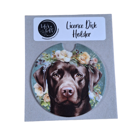 Dog & Flowers Licence Disk Holder - Smooth Chocolate Labrador Image