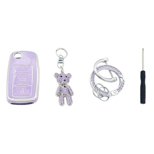 Luxury TPU Car Key Cover With Rhinestone Keychain & Bear Charm - Purple
