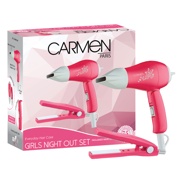 Carmen Ceramic Hair Straightener &amp; Dryer Set - Pink, Travel Styling Kit