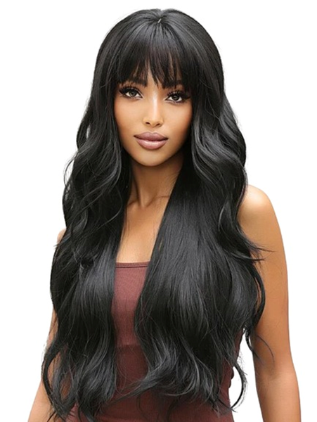 Black Long Body Wave Synthetic Wig With Fringe