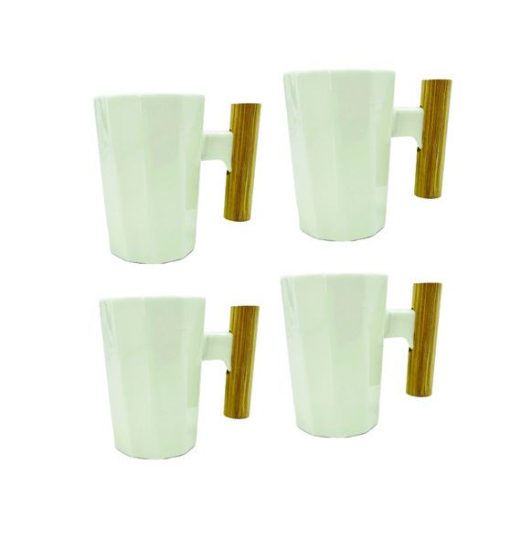 Ceramic Coffee/Tea Drinkware Mug with Wooden Handle - 4 Set