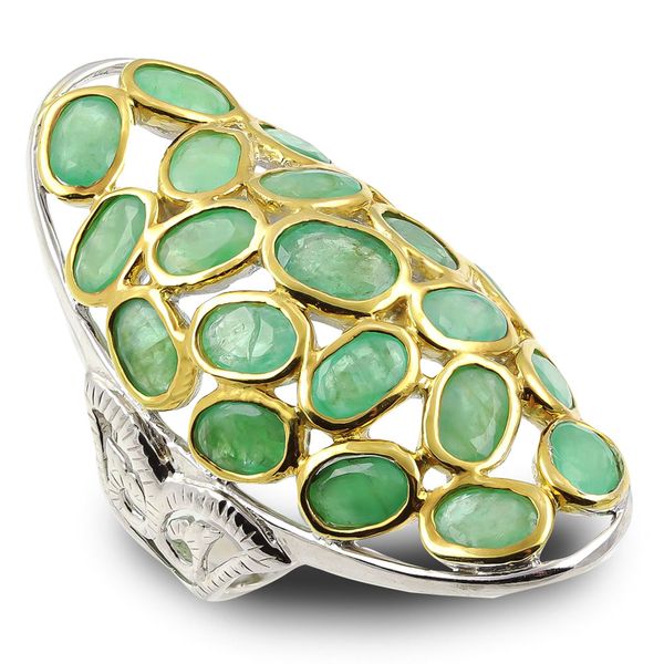 Large, Long Real Emerald Sterling Silver Ring with Gold Gild Accent
