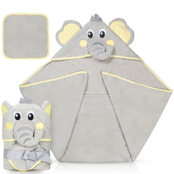 Babeniq Premium Elephant Hooded Baby Towel and Washcloth, Soft and Large
