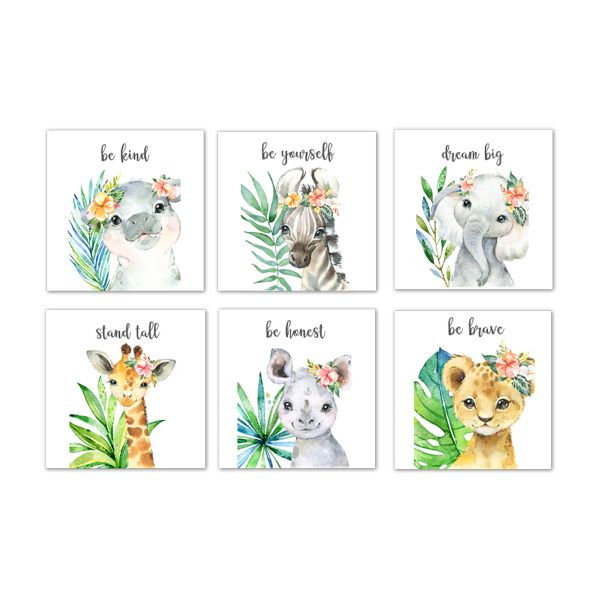 Nursery Wall Art - Quote Safari Animal Flower Canvas Memory Block Set of 6