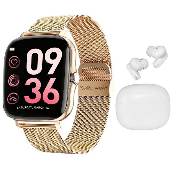 Golden Perfect Women's Smartwatch &amp; Earbuds - Modern Dual Strap Gift