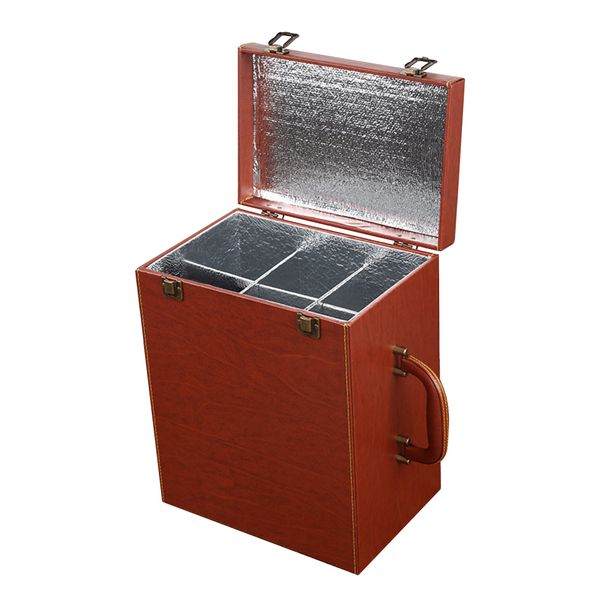 Portable PU 6 Grids Wine Bottle Box With Top Handle - Brown