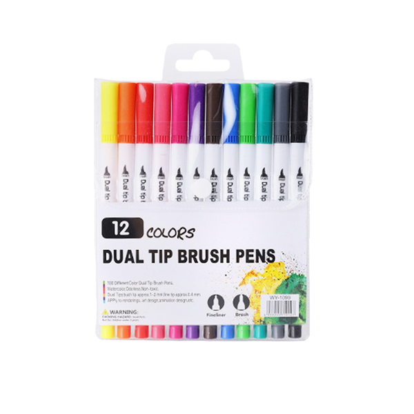Dual Tip Brush Marker and Fineliner Pen Set of 12