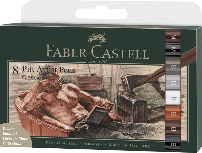 Pitt Artist Pen Brush India ink pen wallet of 8, Classic