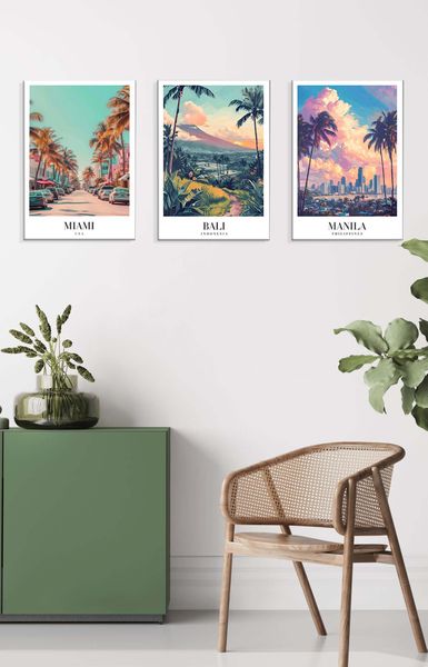Canvas-Art-3 Pieces Tropical Miami, Bali &amp; Manila Wall Art