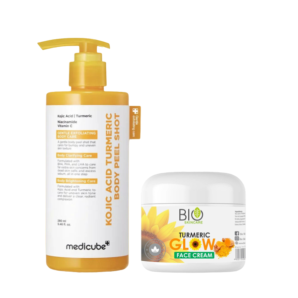 Kojic Acid Turmeric Body Peel Shot &amp; Bio Skincare Turmeric Glow face cream