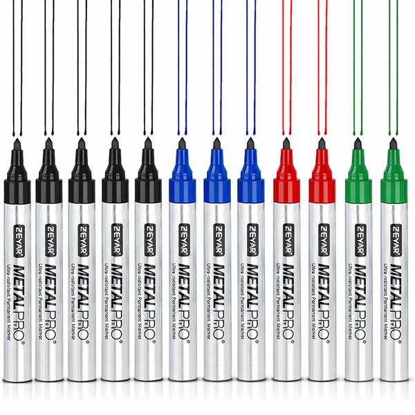 ZEYAR - 12 x Permanent Marker Set, Ultra-Resistant Fine Tip, 4 Colours