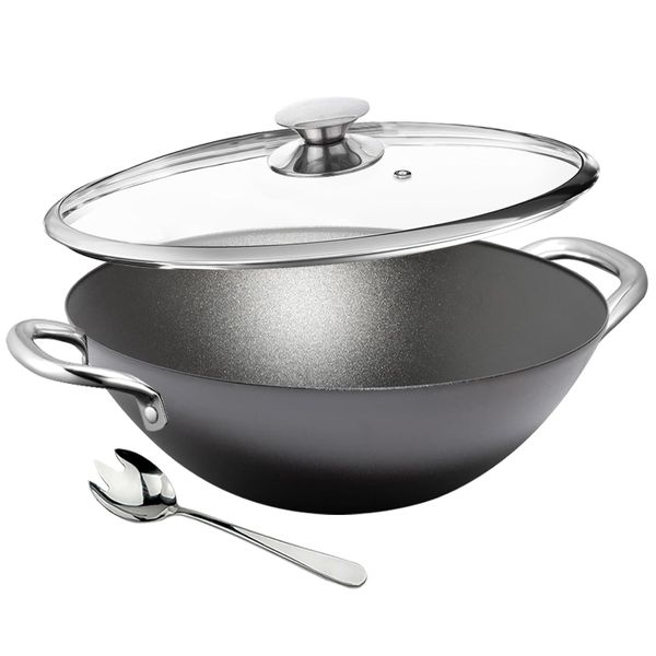 Nonstick Lightweight Cast-Iron Woks with Glass Lid - 2 Piece Combo Set