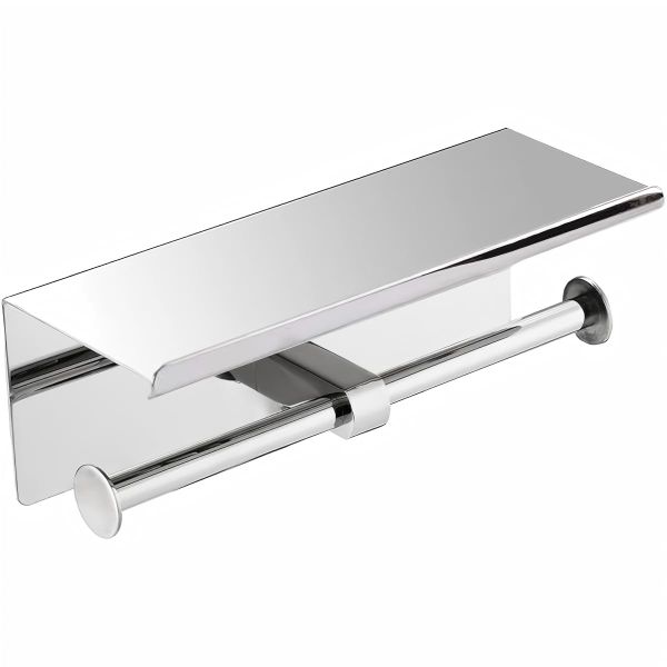 Self Adhesive Dual Roll Toilet Paper Holder with Shelf Upward Folding Edge