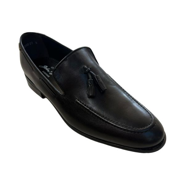 John Drake Black Leather Tassel Shoes For Men