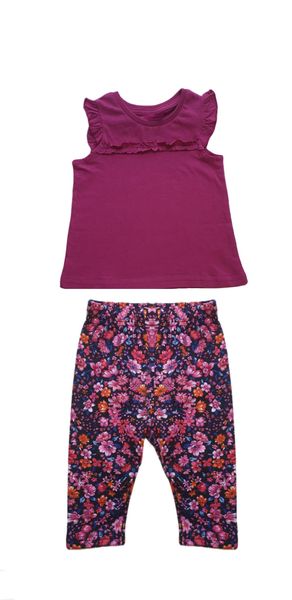 Baby Floral &amp; Ruffle Top Magenta Summer Outfit Set - 2 Piece