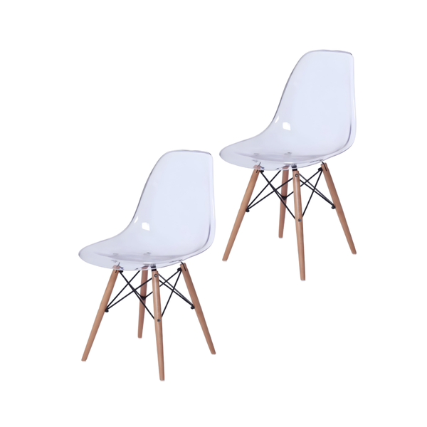 Set Of 2 Modern Transparent Acrylic Dining Chair with Natural Wood Legs