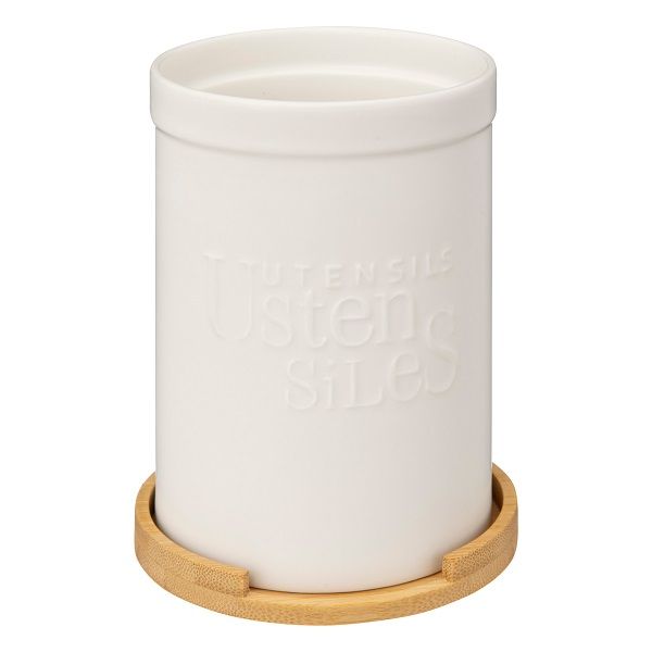 5five Round White Ceramic Kitchen Utensil Holder with Bamboo Rest 12.8x18cm