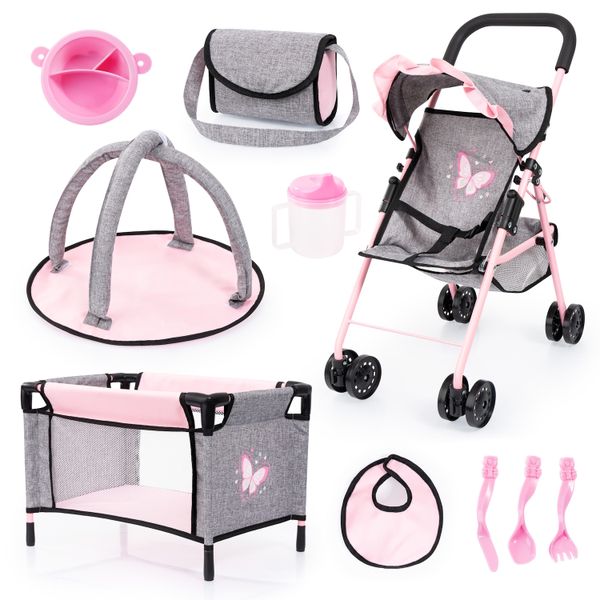 Bayer Dolls Buggy Toy Set - Grey/Pink - Butterfly 52cm Tall