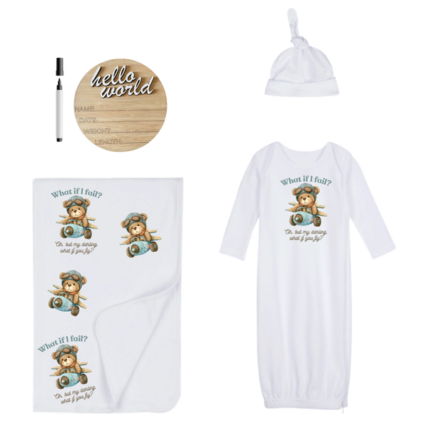 New Born-Sleeping Bag, Swaddle, Hat&amp;Birth Annou-Hello World-What if I fail?