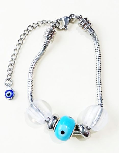 Light Blue Evil Eye charm on Stainless Steel Snake Bracelet - EM6