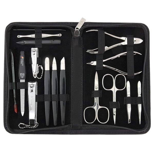 3 Swords Manicure Set: 16 Nail Tools in Black Leather Look Case 9210 MC N