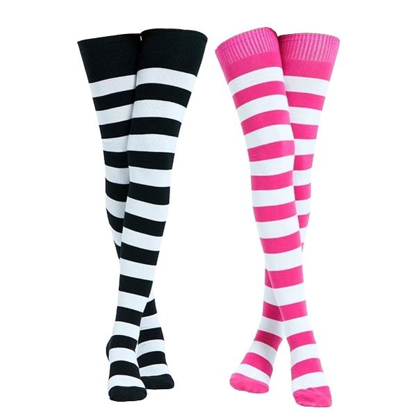 Womens Over Knee Long Striped Cotton Socks Black &amp; Pink (Set of 2)