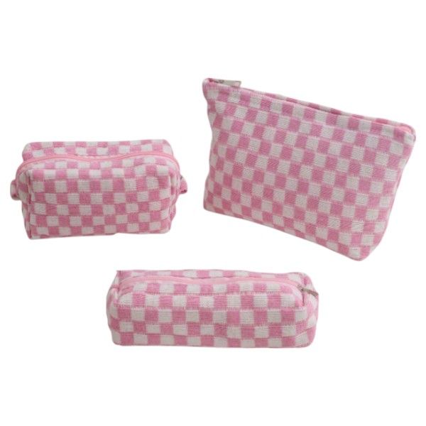3 Piece - Checkered Corduroy Cosmetic Bag Set - Multi-Color