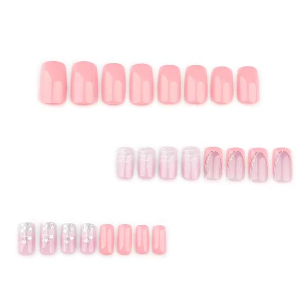 Pink Nails Square Fake Nails French Tip False Nails With Star Line Design
