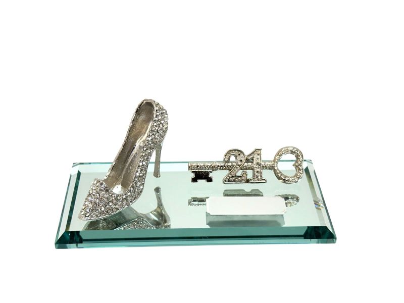 21st Key Silver High Heeled Shoe on Glass Mirror Base