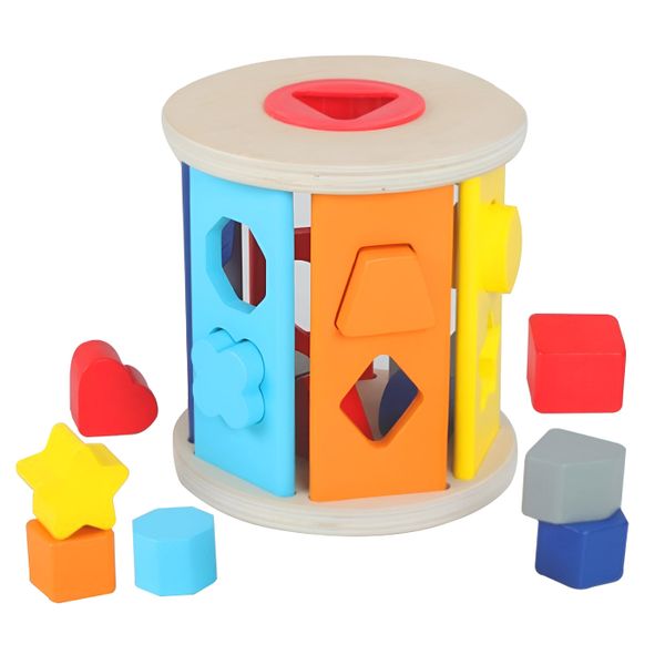 15.3 cm Wooden Shape Sorting Drum Toy for Toddlers - Multicolor
