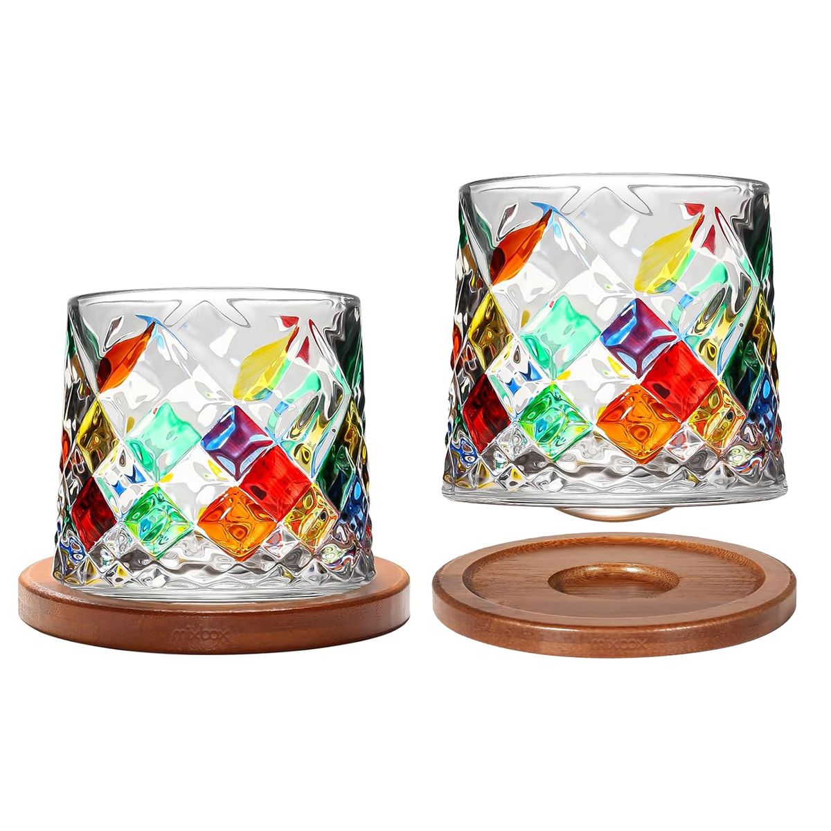 Mix Box Spinning Whiskey Glasses Set of 2, with Coaster, Hand Draw Color