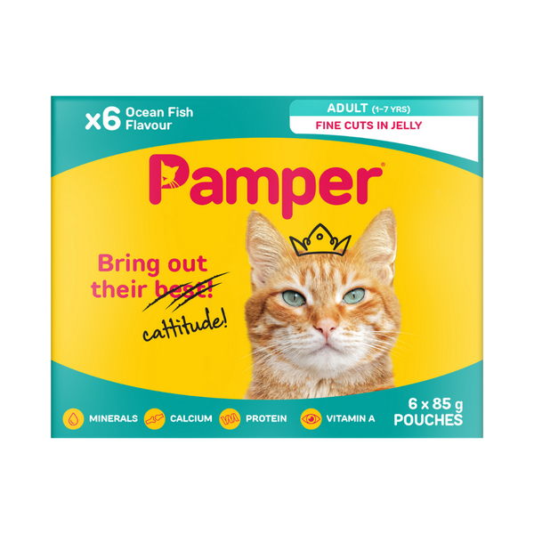 Pamper Adult Wet Cat Food Ocean Fish Flavour Multi-Pack in Jelly (6 x 85g)