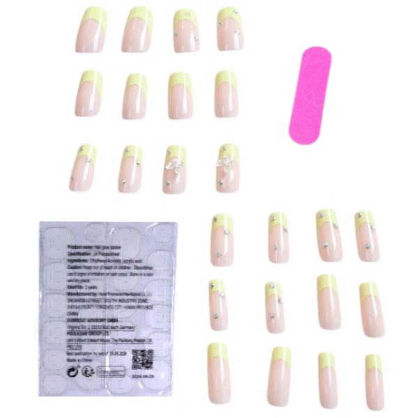 24 Piece French Tip Design Reusable Long Square Press-On Nails - Yellow