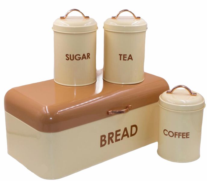 Continental Homeware Two-Tone Bread Bin with 3 Piece Canister Set - CREAM