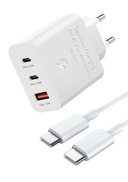 65W PD Power Adaptor Trio Charger With Cable With 3 Ports-White.